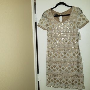 Muse Gold and Ivory Sequin Short Sleeve Dress